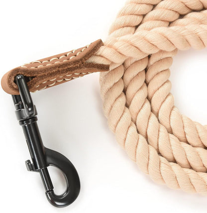 Durable Light Brown Braided Cotton Dog Leash with Leather Tip - 6FT Heavy Duty Leash for Small to Large Dogs, Perfect for Walking, Training, and Special Occasions