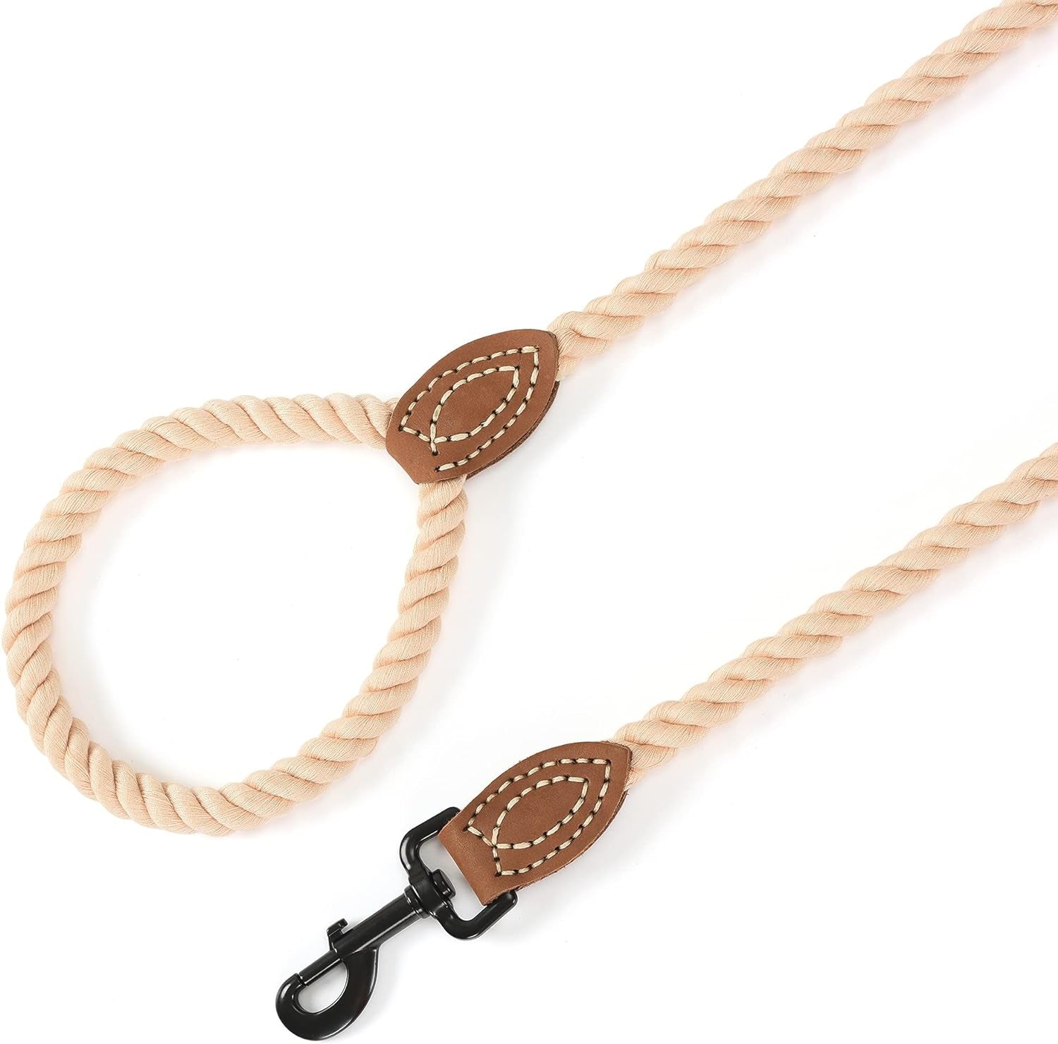 Durable Light Brown Braided Cotton Dog Leash with Leather Tip - 6FT Heavy Duty Leash for Small to Large Dogs, Perfect for Walking, Training, and Special Occasions