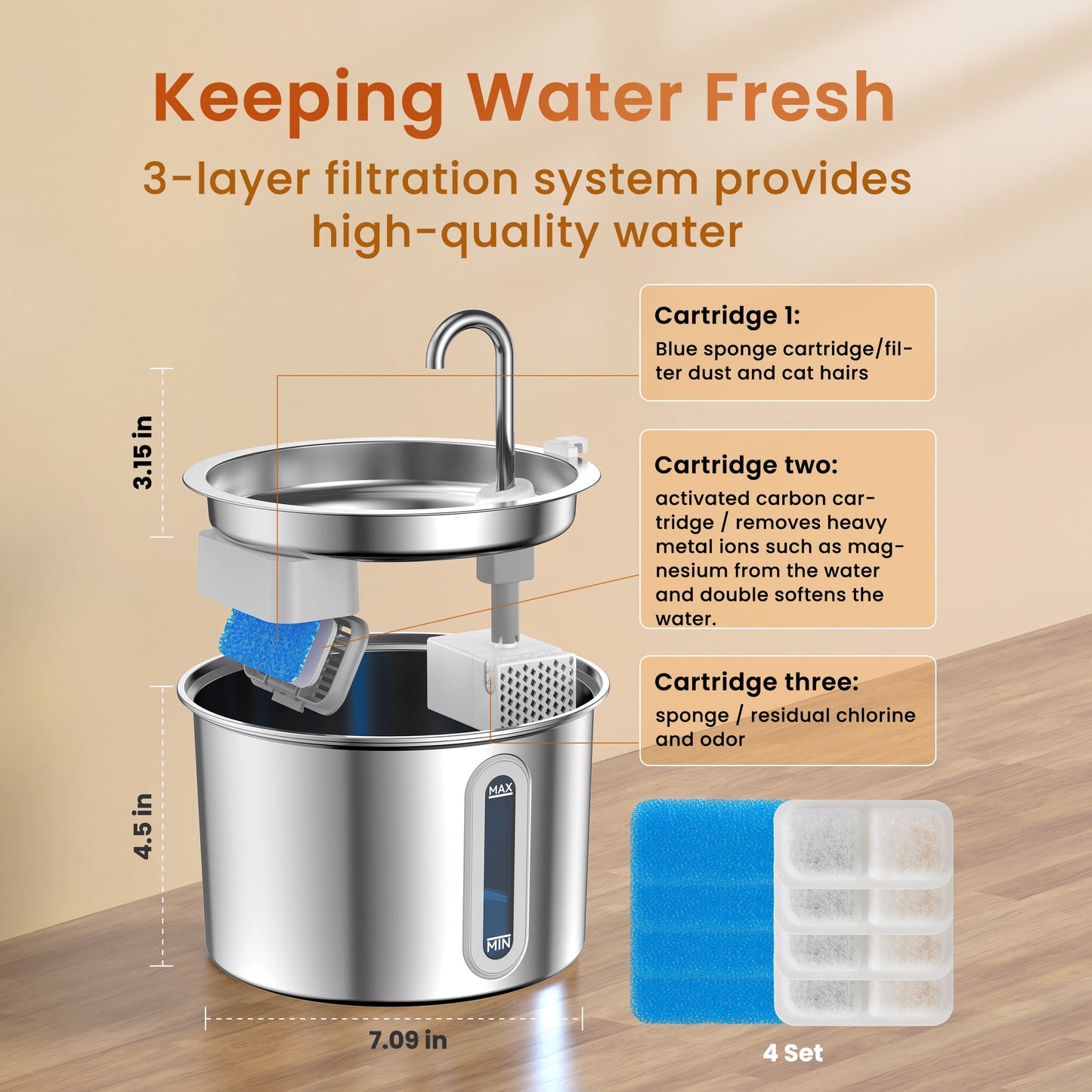 Elevate Your Cat's Hydration with the PWF-001 2L Stainless Steel Water Fountain - Whisper-Quiet, Easy to Clean, and Stylish!