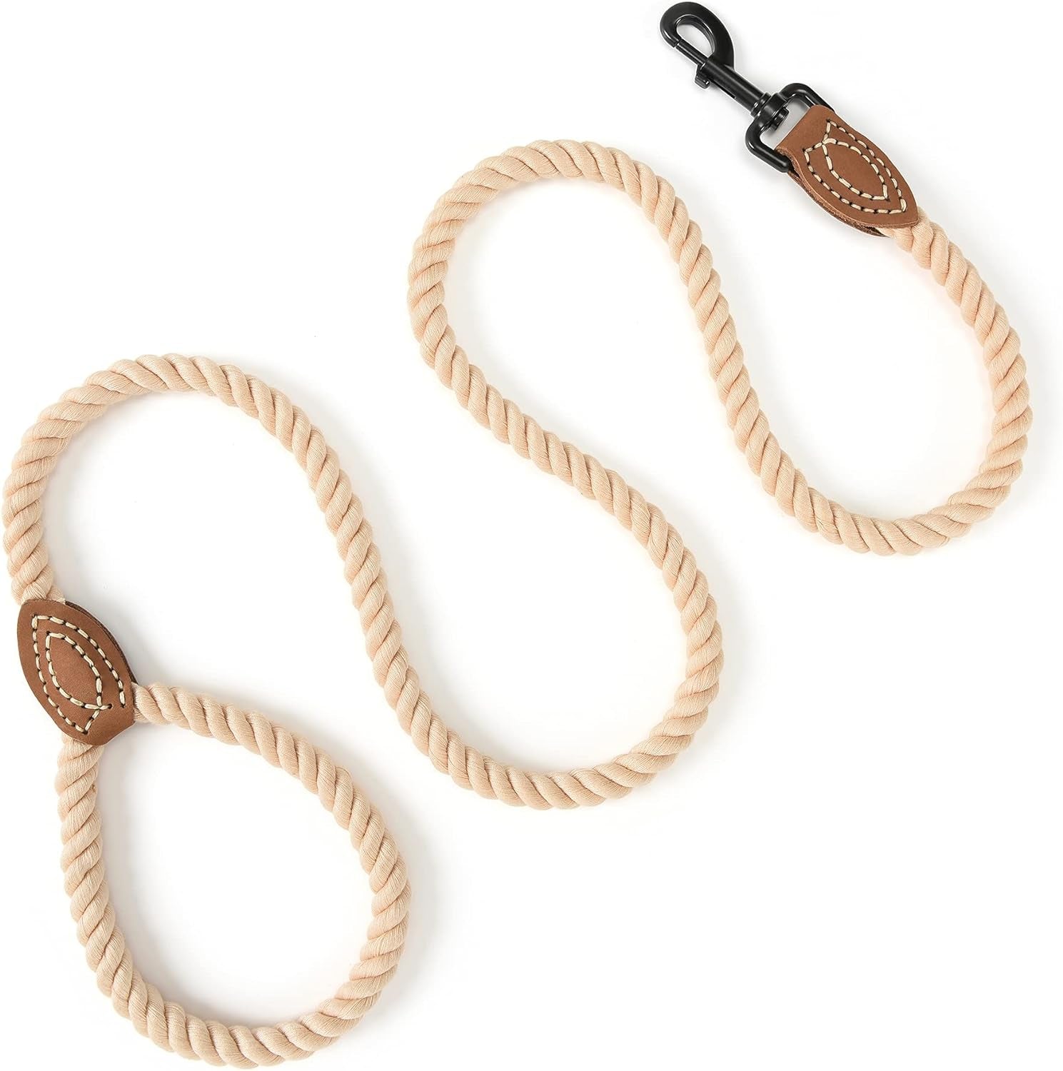 Durable Light Brown Braided Cotton Dog Leash with Leather Tip - 6FT Heavy Duty Leash for Small to Large Dogs, Perfect for Walking, Training, and Special Occasions