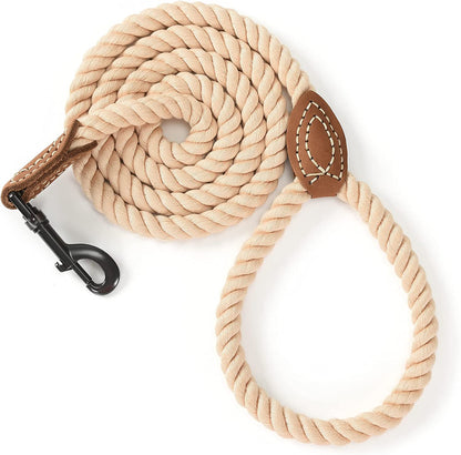 Durable Light Brown Braided Cotton Dog Leash with Leather Tip - 6FT Heavy Duty Leash for Small to Large Dogs, Perfect for Walking, Training, and Special Occasions