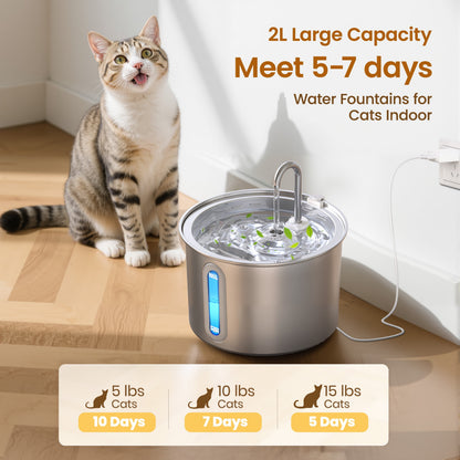 Elevate Your Cat's Hydration with the PWF-001 2L Stainless Steel Water Fountain - Whisper-Quiet, Easy to Clean, and Stylish!